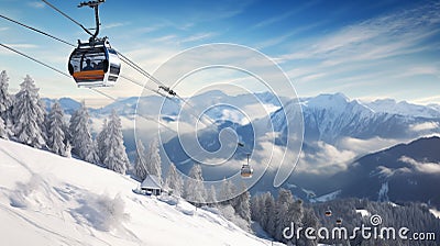 Tourists ascend snowy peak, skiing adventure unfolds via cable car.AI Generated Stock Photo