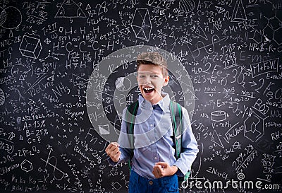 Excited and victorious boy against blackboard with mathematical Stock Photo