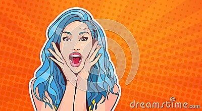 Excited Woman With Blue Hair And Open Mouth Pop Art Style On Colorful Retro Background Vector Illustration