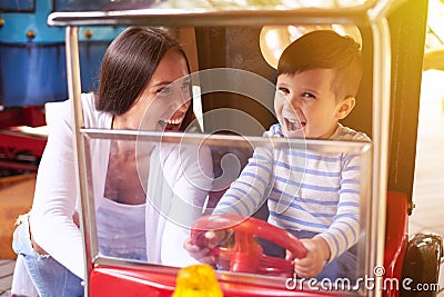 Excited woman with little boy Stock Photo