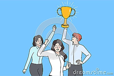 Excited work team hold prize celebrate success Vector Illustration