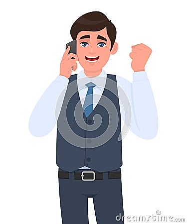 Excited young businessman in waistcoat speaking on the phone and gesturing raised hand fist. Trendy person calling to mobile Vector Illustration