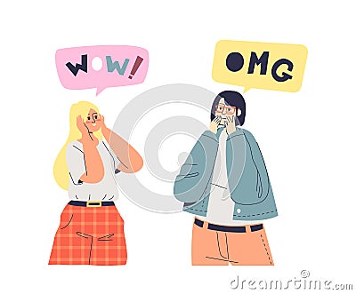 Excited young girls with shock wow and omg reaction. Amazed surprised cartoon female characters Vector Illustration