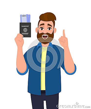 Excited young man showing passport tickets and pointing finger up. Trendy hipster person holding boarding pass. Travel and tourism Vector Illustration