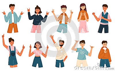 Excited young people showing positive emotional gestures. Ok, peace, victory fingers and hand heart gestures vector Vector Illustration