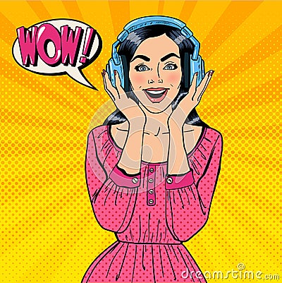 Excited Young Woman Listening Music. Girl in Headphones. Pop Art Vector Illustration