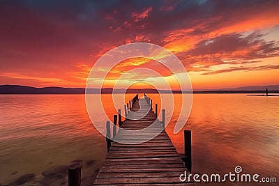 Exciting colorful sunset view from the shore with a wooden pier Generative AI. Stock Photo