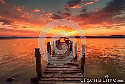 Exciting colorful sunset view from the shore with a wooden pier Generative AI. Stock Photo