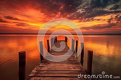 Exciting colorful sunset view from the shore with a wooden pier Generative AI. Stock Photo