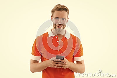 Exciting gaming. Mobile repair. Happy handsome man hold cell phone. 5G fast connection. Mobile lifestyle. Mobile phone Stock Photo