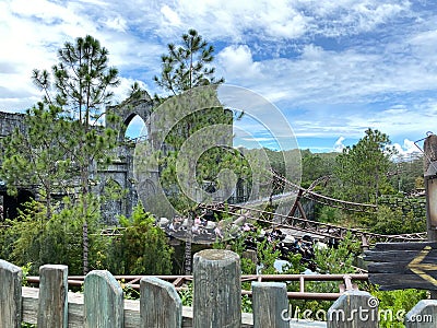 The exciting Hagrid`s Magical Creatures roller coaster ride at Universal Studios in Orlando, FL Editorial Stock Photo