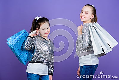 Exciting place to shop. Shopping and purchase. Black friday. Sale and discount. Shopping day. Children hold bunch Stock Photo