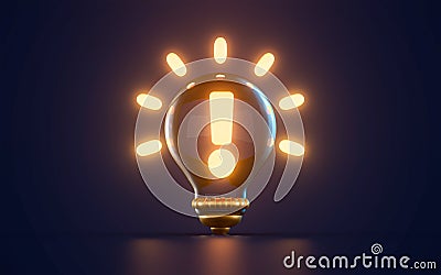 Exclamation hazard warning icon glowing inside lightbulb on dark background 3d render Stock Photo