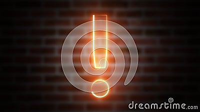 Exclamation mark neon sign on a background of brickwork, computer generated. 3d rendering of wireframe symbol with Stock Photo