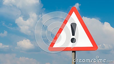 Exclamation mark on road sign background sky with clouds Stock Photo