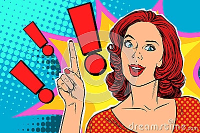 Exclamation point and happy pop art woman Vector Illustration