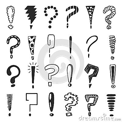 Exclamation and question points. Sketch interrogation marks, grunge scribble question exclamations signs. Problem or thinking Vector Illustration