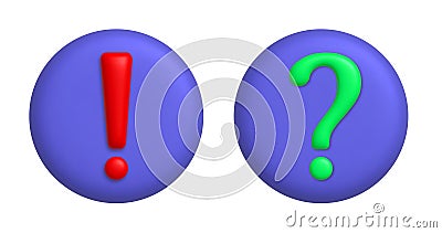 Exclamatory and interrogative mark. 3d icons on purple round button. 3d vector realistic design element Vector Illustration