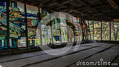 Exclusion Zone. Ukraine. Pripyat. August 26 2019. Inside abandoned cafe building Editorial Stock Photo