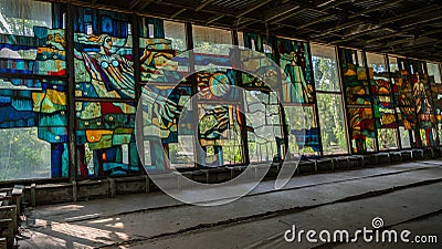 Exclusion Zone. Ukraine. Pripyat. August 26 2019. Inside abandoned cafe building Editorial Stock Photo