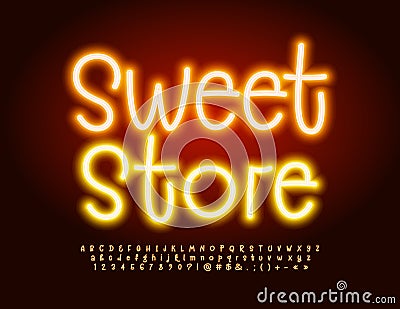 Vector electric Signboard Sweet Store. Bright Glowing Font. Neon Alphabet Letters and Numbers Stock Photo