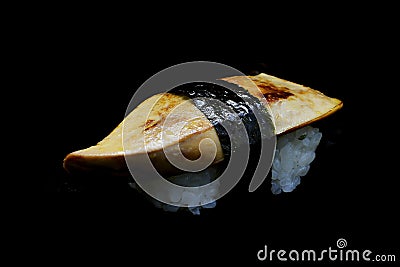 Exclusive delicious Sushi with Foie garas sushi or goose liver top on Japanese rice rap by seaweed. Special premium Japanese tradi Stock Photo