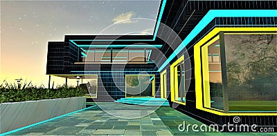 Exclusive design of the illuminated exterior of the contemporary suburban real estate. Turquoise and yellow colors. Amazing starry Stock Photo