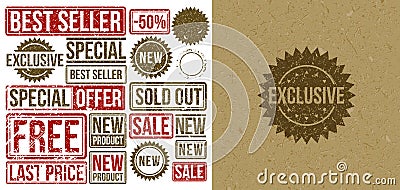 Exclusive. Exclusive stamp on craft paper vector background. Set of stamps: best seller, sold out, sale, new product Vector Illustration