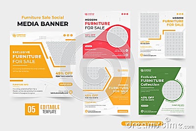 Exclusive furniture sale social media post bundle with creative shapes. Furniture business promotional poster collection for Vector Illustration