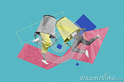 Exclusive illustration artwork collage picture of two young girls hiding inside metallic buckets isolated over blue Cartoon Illustration