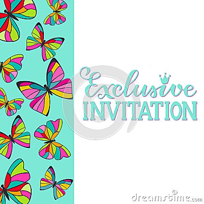 Colorful Butterflies Exclusive Invitation Template Cartoon Illustration