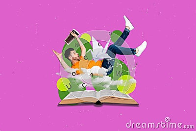 Exclusive magazine picture sketch collage image of excited funky guy falling big open book isolated painting background Stock Photo