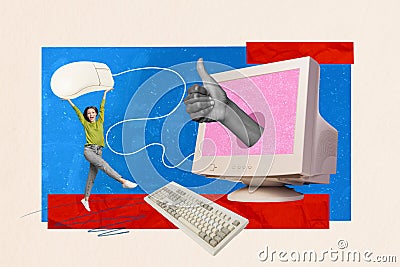 Exclusive magazine picture sketch collage image of excited lady browsing obsolete computer arm showing thumb up isolated Stock Photo