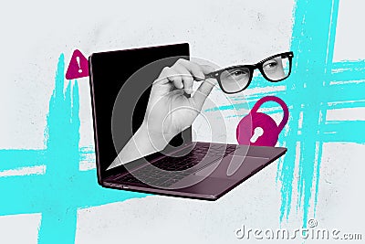 Exclusive magazine picture sketch collage image of eyes spying modern gadget screen isolated creative background Stock Photo