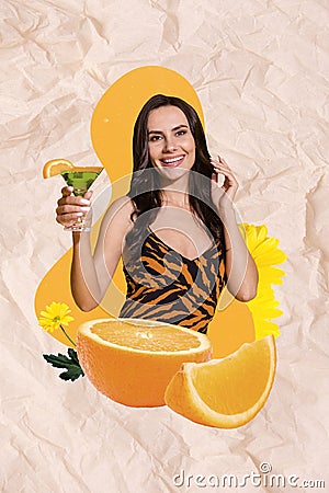 Exclusive magazine picture sketch collage image of funky smiling lady enjoying fresh fruit juice cocktail Stock Photo