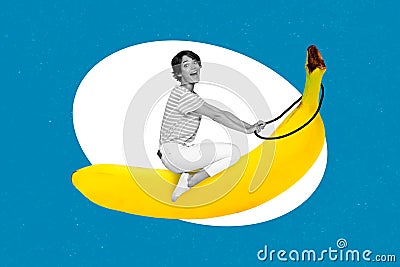 Exclusive magazine picture sketch collage image of happy smiling lady riding big huge banana isolated painting Stock Photo