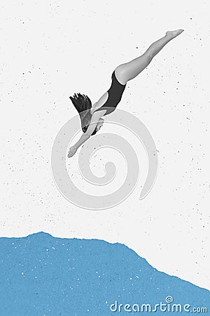 Exclusive magazine picture sketch collage image of lady jumping blue water isolated creative white color background Stock Photo