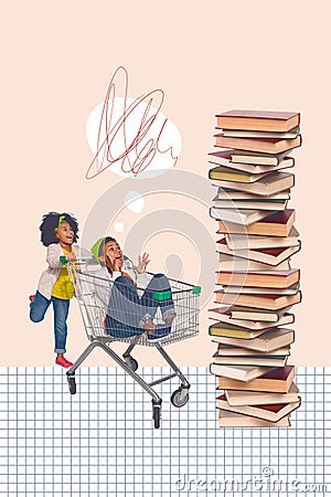 Exclusive magazine picture sketch collage image of smiling excited little children walking book shopping isolated Stock Photo