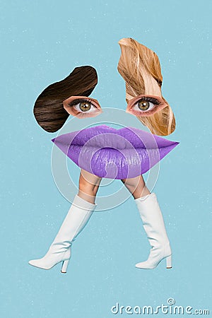 Exclusive magazine picture sketch collage image of strange face pieces walking legs isolated painting background Stock Photo