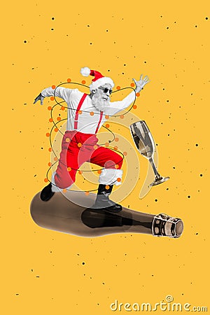 Exclusive magazine picture sketch image of funky funny grandfather tangled xmas lights enjoying champagne isolated Stock Photo