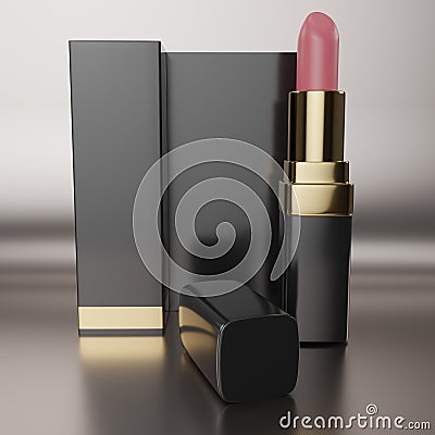 Exclusive mockup of Lipstick with box on silve background,luxury cosmetics series, premium cosmetics advertising - 3D rendering Stock Photo