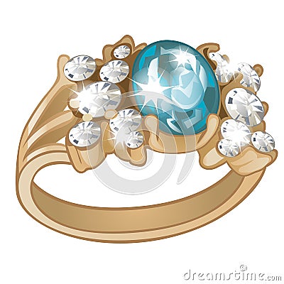 Exclusive ring made of gold with inlaid blue aquamarine and diamonds isolated on white background. An instance of Vector Illustration