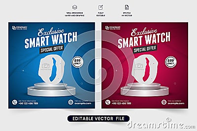 Exclusive smartwatch promotional web banner design with red and blue colors. Clock and gadget sale discount template for online Vector Illustration