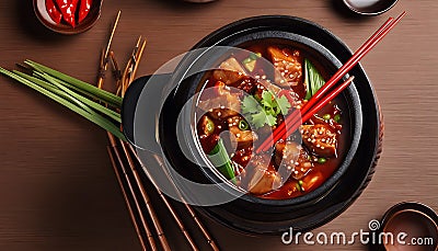 Exclusive Spicy Pot with Chopsticks: Hyper-Realistic Ultra-Detailed Food Photography Stock Photo