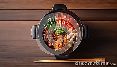 Exclusive Spicy Pot with Chopsticks: Hyper-Realistic Ultra-Detailed Food Photography Stock Photo