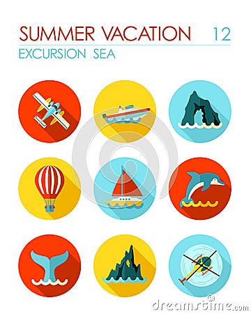 Excursion sea flat icon set. Summer. Vacation Vector Illustration