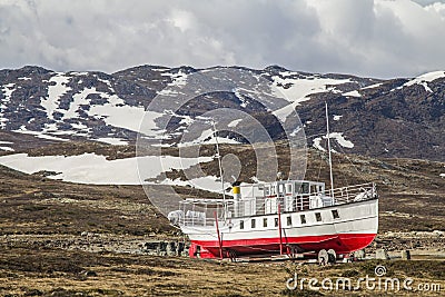 Excursion ship Bitihorn in hibernation Stock Photo