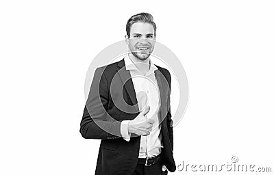 Executive approval. Happy manager give thumbs up. Approval hand gesture Stock Photo