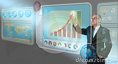 Executive business man touching future dashboard Stock Photo