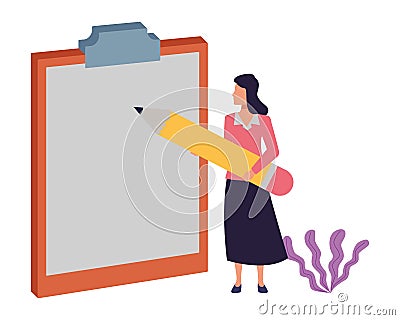 Executive businesswoman with big pencil writing on clipboard Vector Illustration